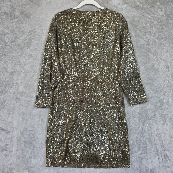Trina Turk Dress Womens 10 Gold Sequin Blouson V Neck Dolman Sleeve Short Party - Picture 2 of 13